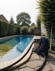 pool technician backwashing sand filter on outdoor swimming pool during algae treatment