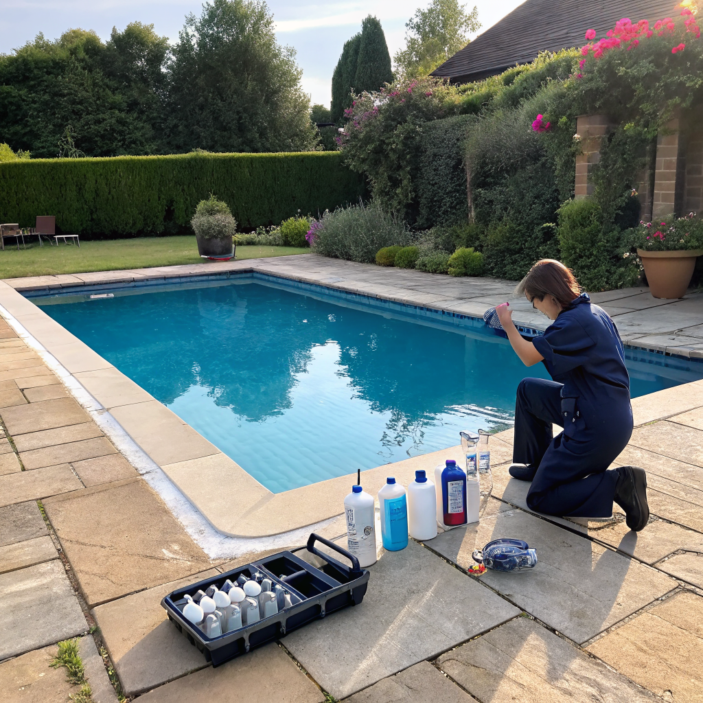 pool technician testing swimming pool water chemistry with testing kit poolside