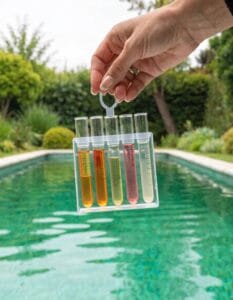 pool water test kit held above green algae affected swimming pool water