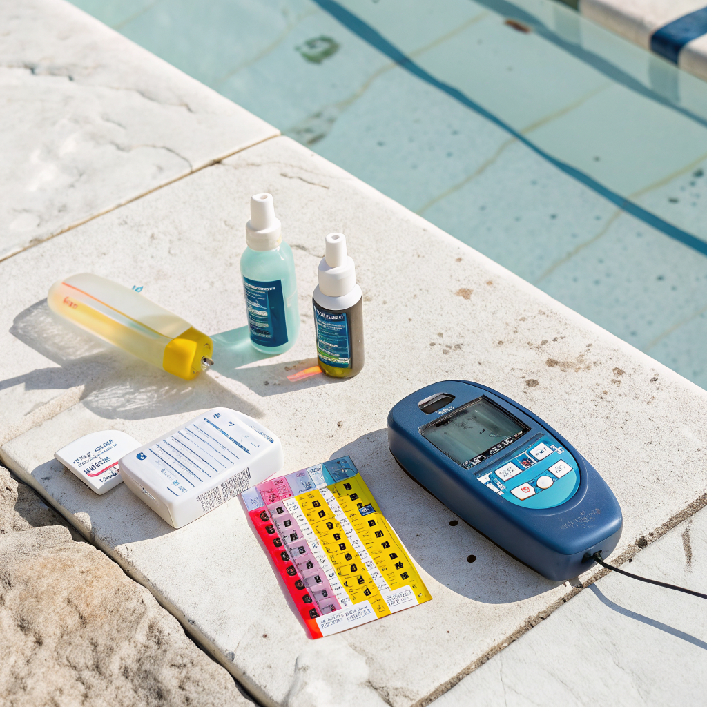 swimming pool water testing kit with ph meter, chemical bottles and colour comparator poolside