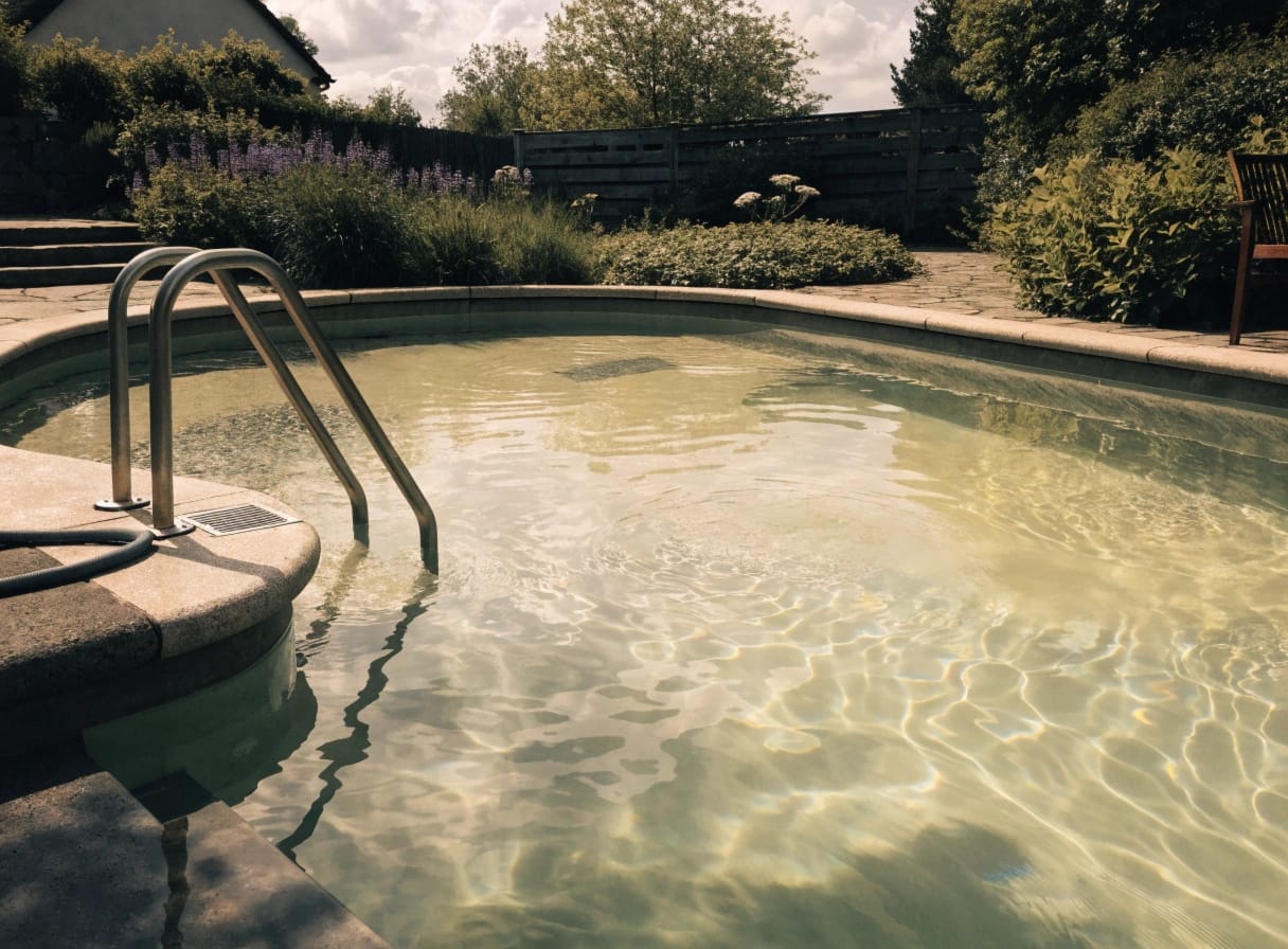 cloudy residential swimming pool water in an english garden, hazy and unclear