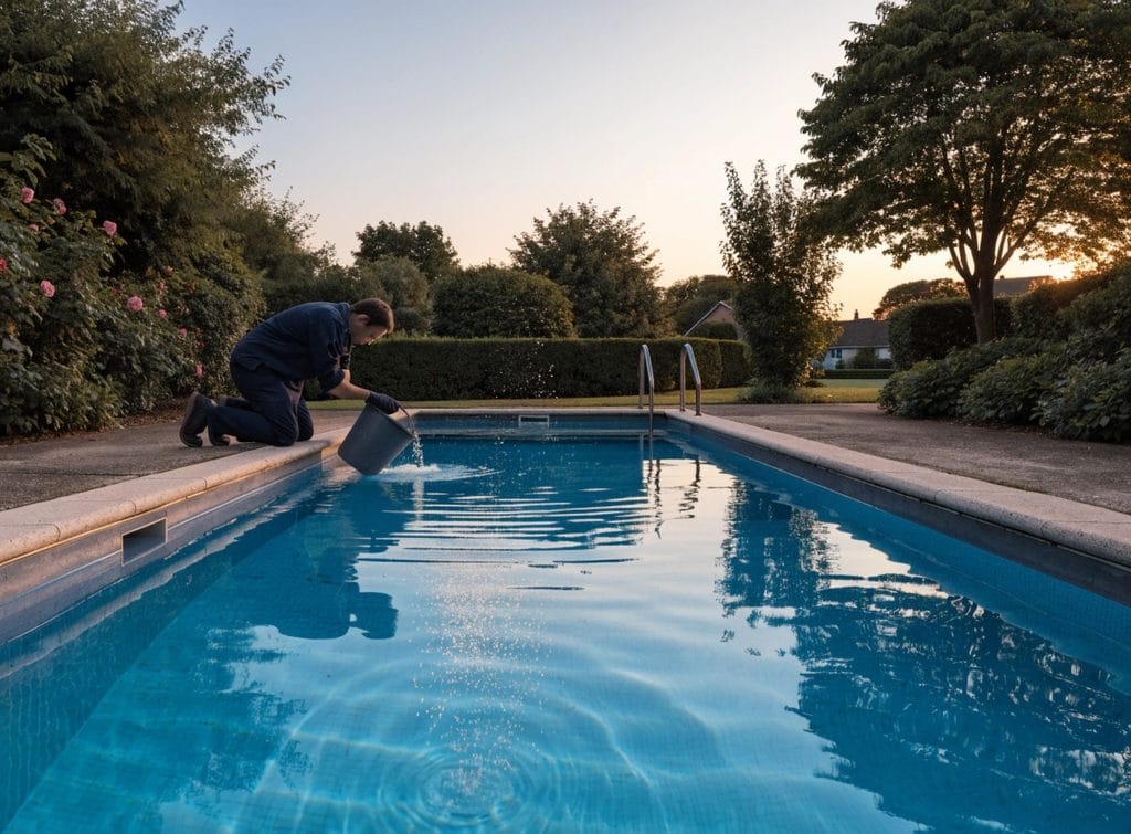 pool technician shocking a swimming pool at dusk in an english garden (2)