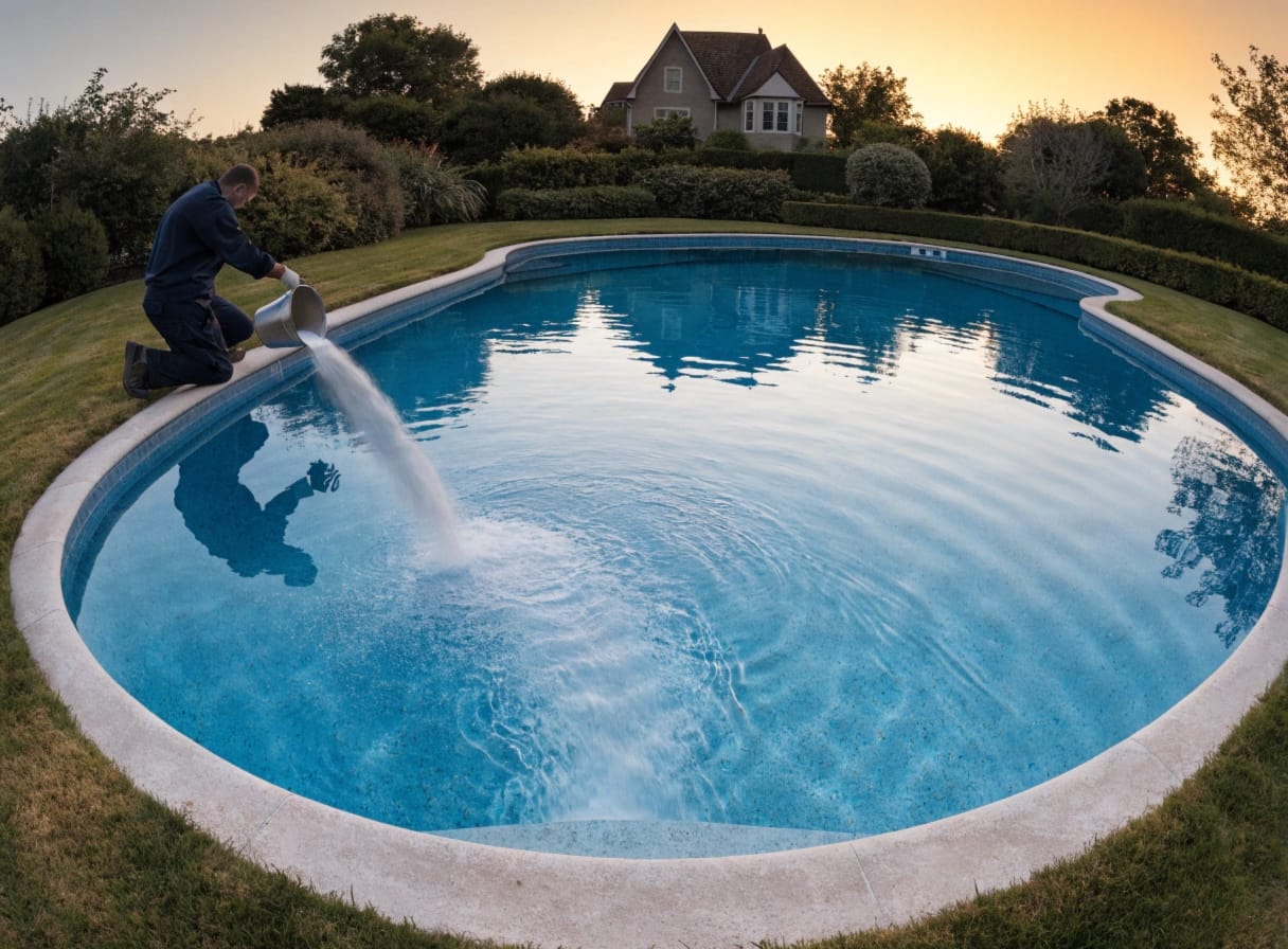 pool technician shocking a swimming pool at dusk in an english garden