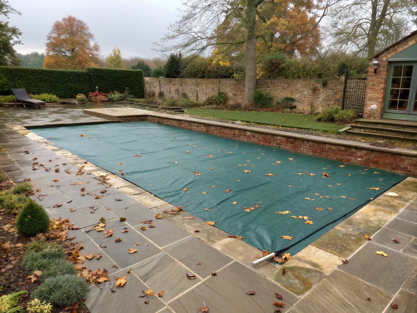 Winterised swimming pool with a winter debris cover and autumn leaves in an English garden