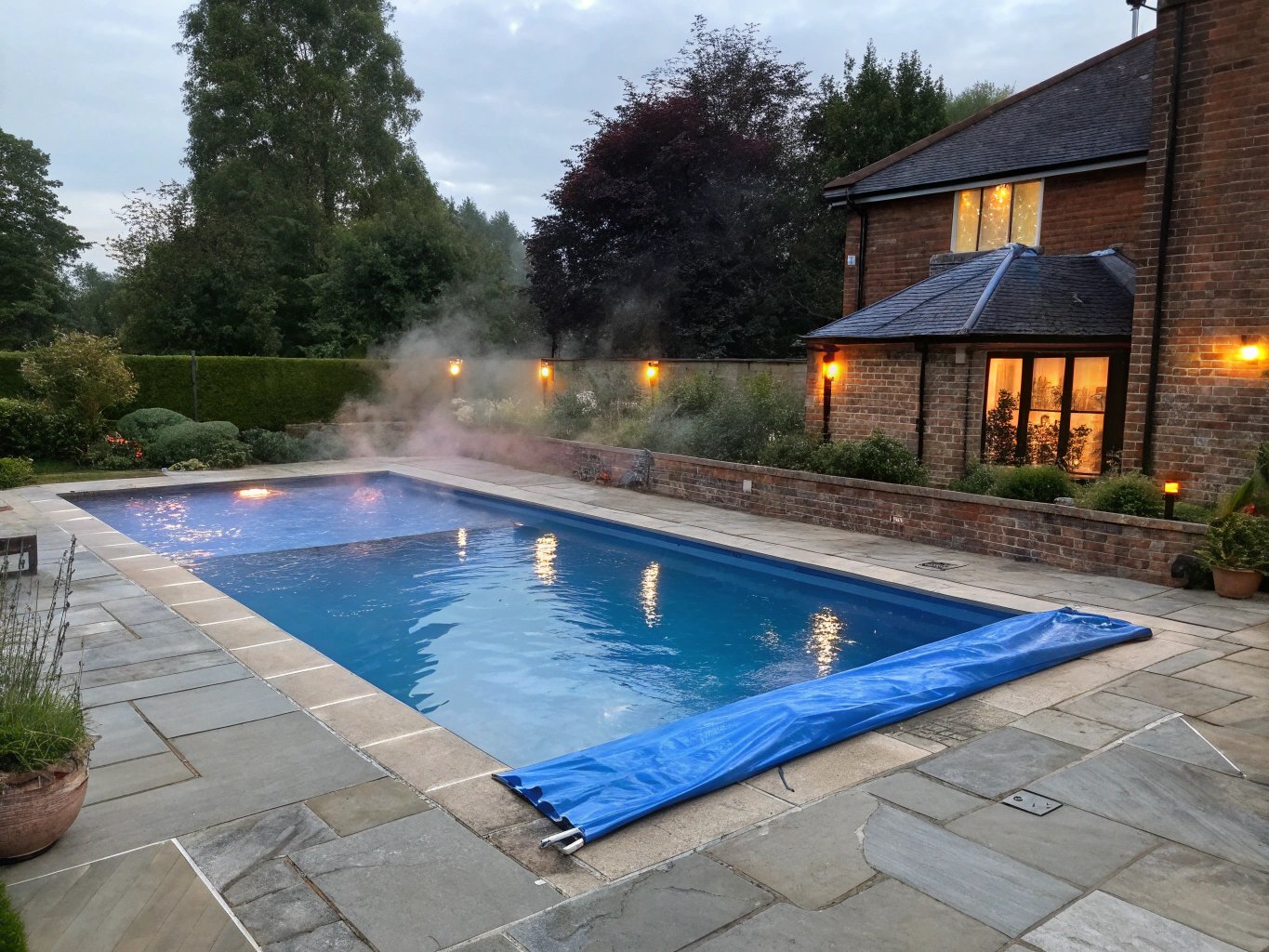 Heated outdoor swimming pool at dusk with a solar cover partly rolled back and steam rising
