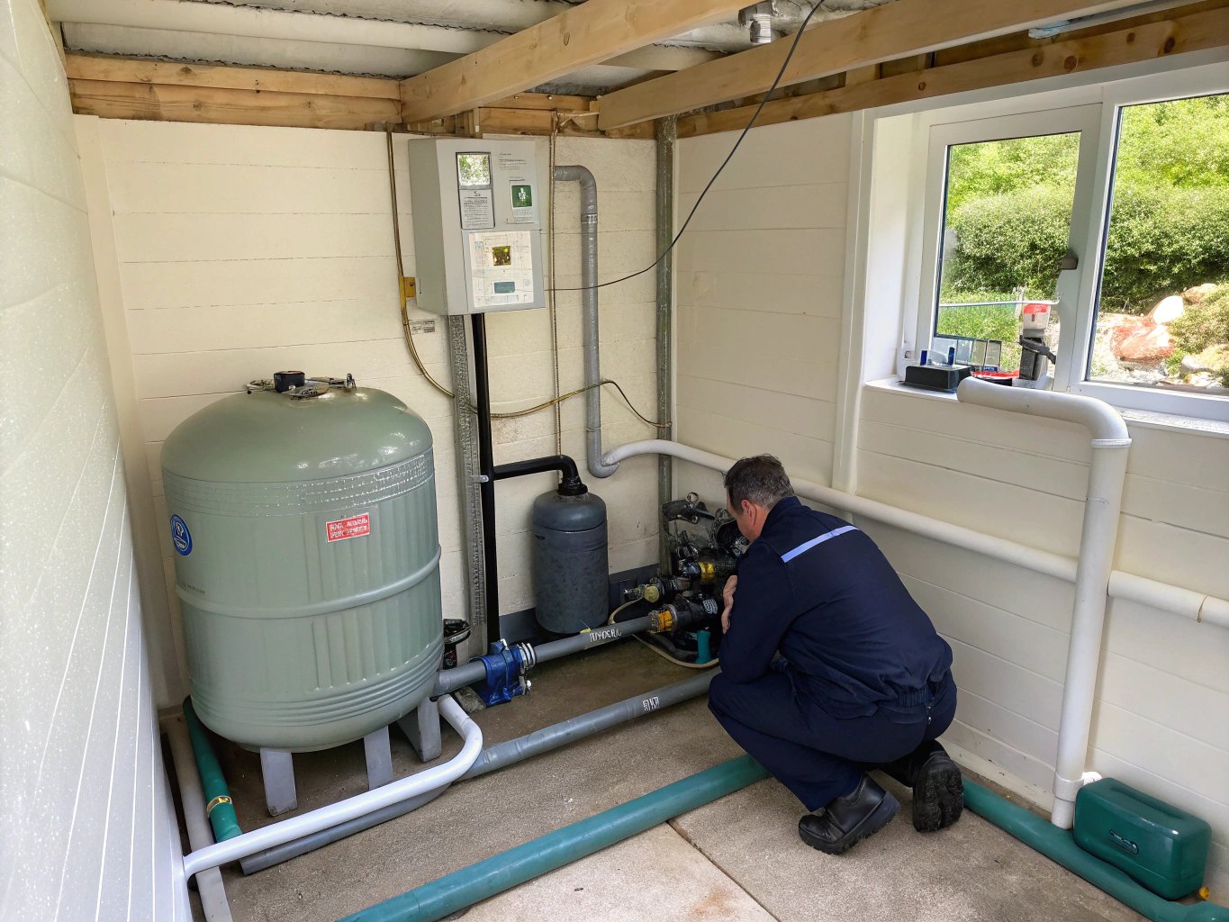 Pool technician adjusting valves on plant room pipework that feeds a swimming pool heat pump
