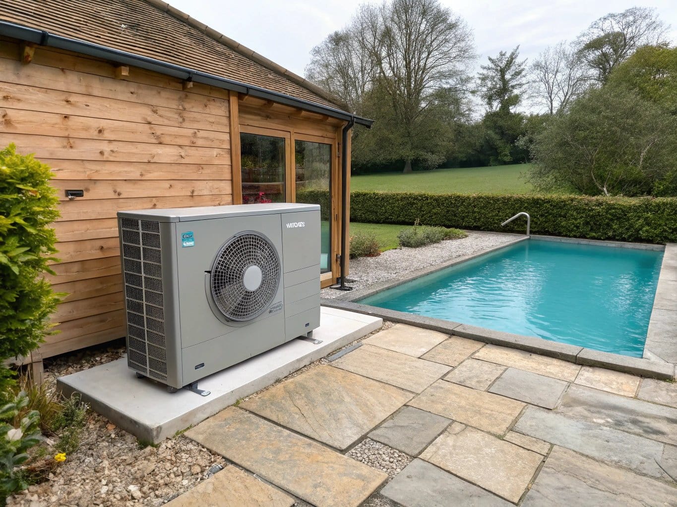 Swimming pool heat pump on a concrete plinth beside an outdoor pool in an English garden